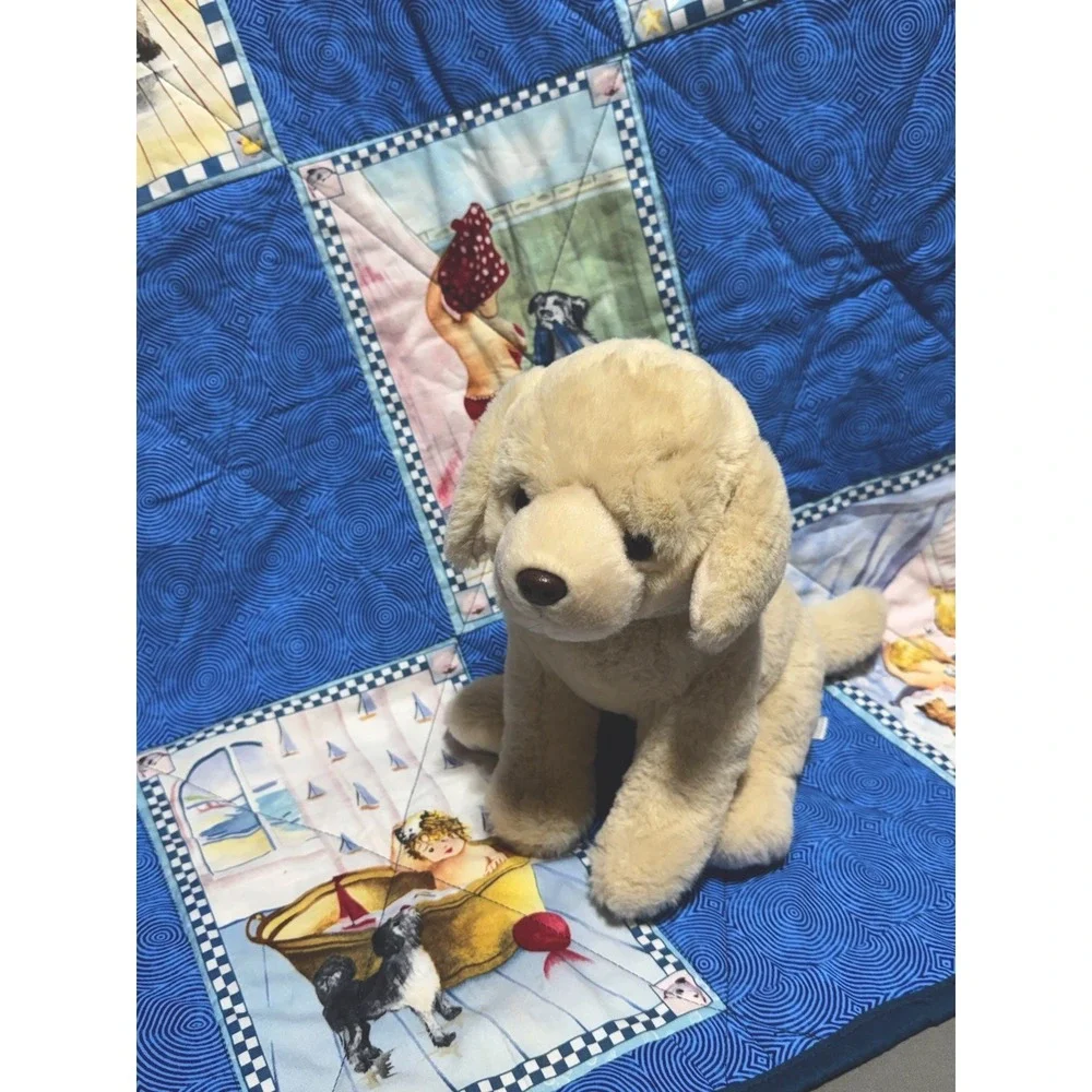 Handmade Baby Crib Quilt Blanket Blue Nursery + Plush Puppy Dog Toy Lot